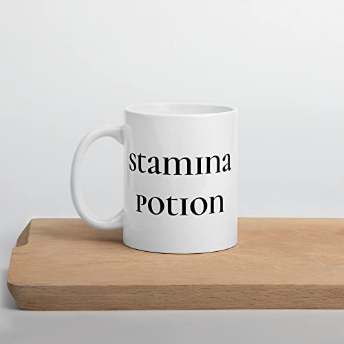 Video game mug that says "stamina potion".